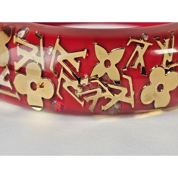 LOUIS VUITTON Red Monogram Inclusion Bracelet GM Charm Bangle Gold LV Logo Charm - Picture 7 of 14